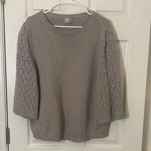 Crochet-Sleeve Crewneck Sweater in Gray women’s plus 2X merino wool & cotton